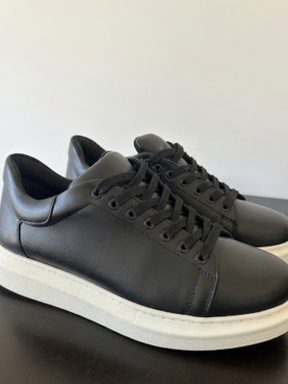 Black Leather Low-Top Sneakers with White Sole